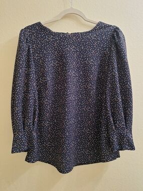 MELLODAY Navy Blue Multicolor Dot Office Blouse Top Size M Puff Sleeve Boho